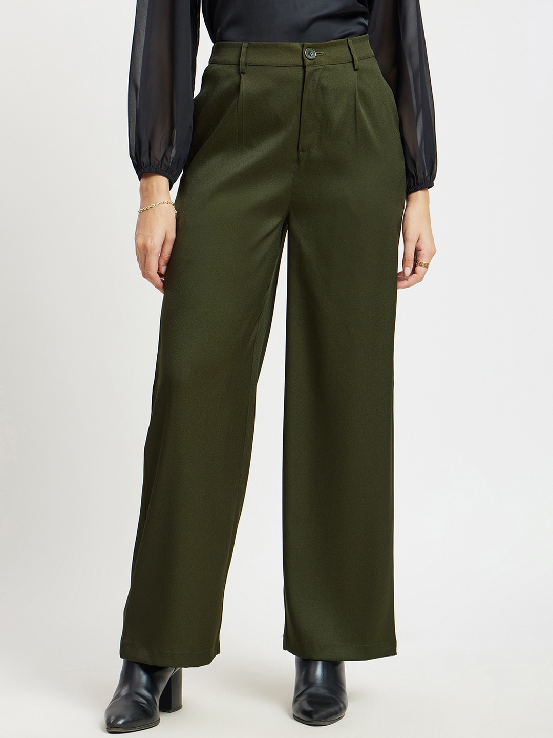 

FableStreet Women Tailored Flared High-Rise Pleated Parallel Trousers, Olive