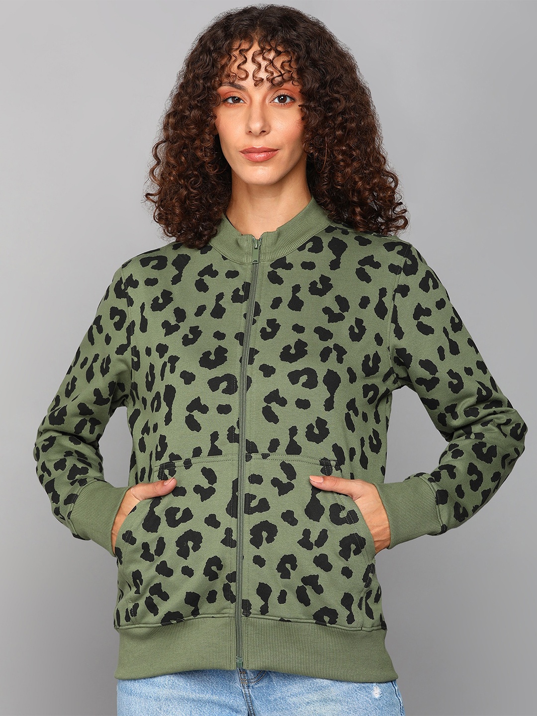 

Alan Jones Animal Skin Printed Mock Collar Front Open Sweatshirt, Green