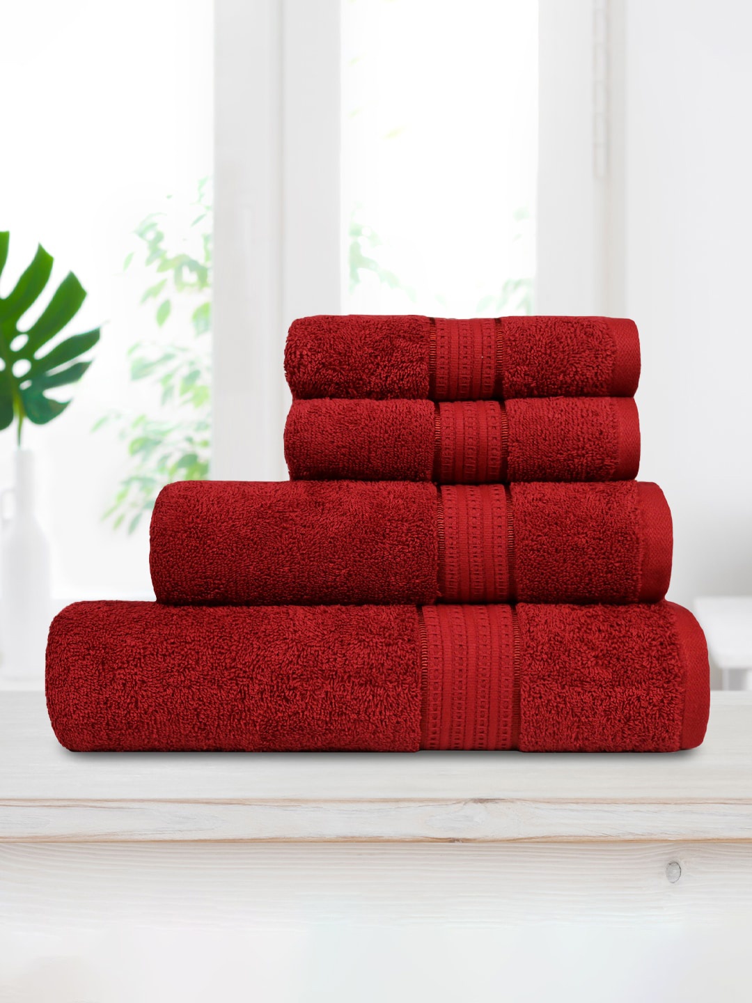 

MYTRIDENT CARNIVAL 4-Pcs Red Self-Design Antimicrobial 450GSM Pure Cotton Towel Set