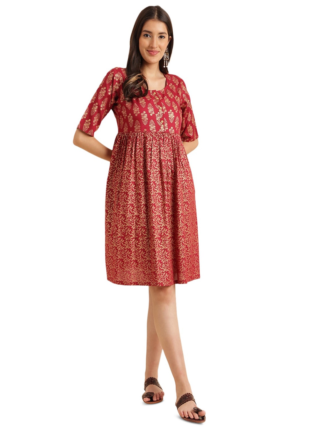 

Nimayaa Ethnic Motifs Printed Fit & Flare Ethnic Dress, Maroon