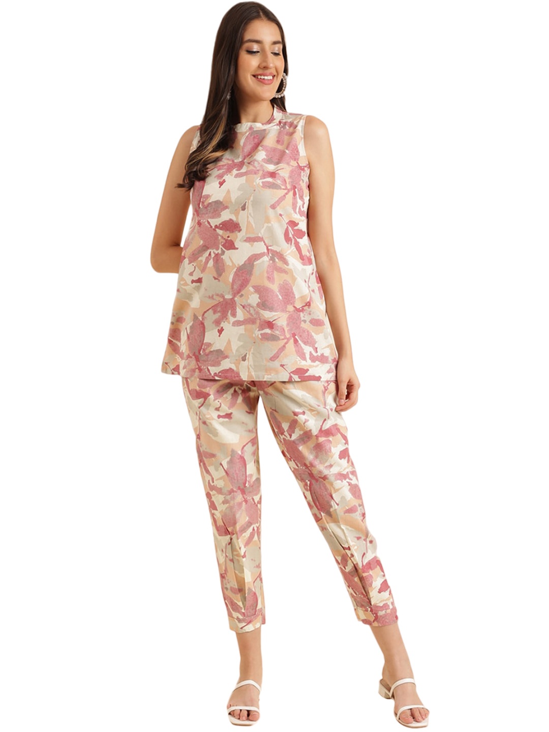 

Nimayaa Floral Printed Cotton Round Neck Top With Trouser, Beige