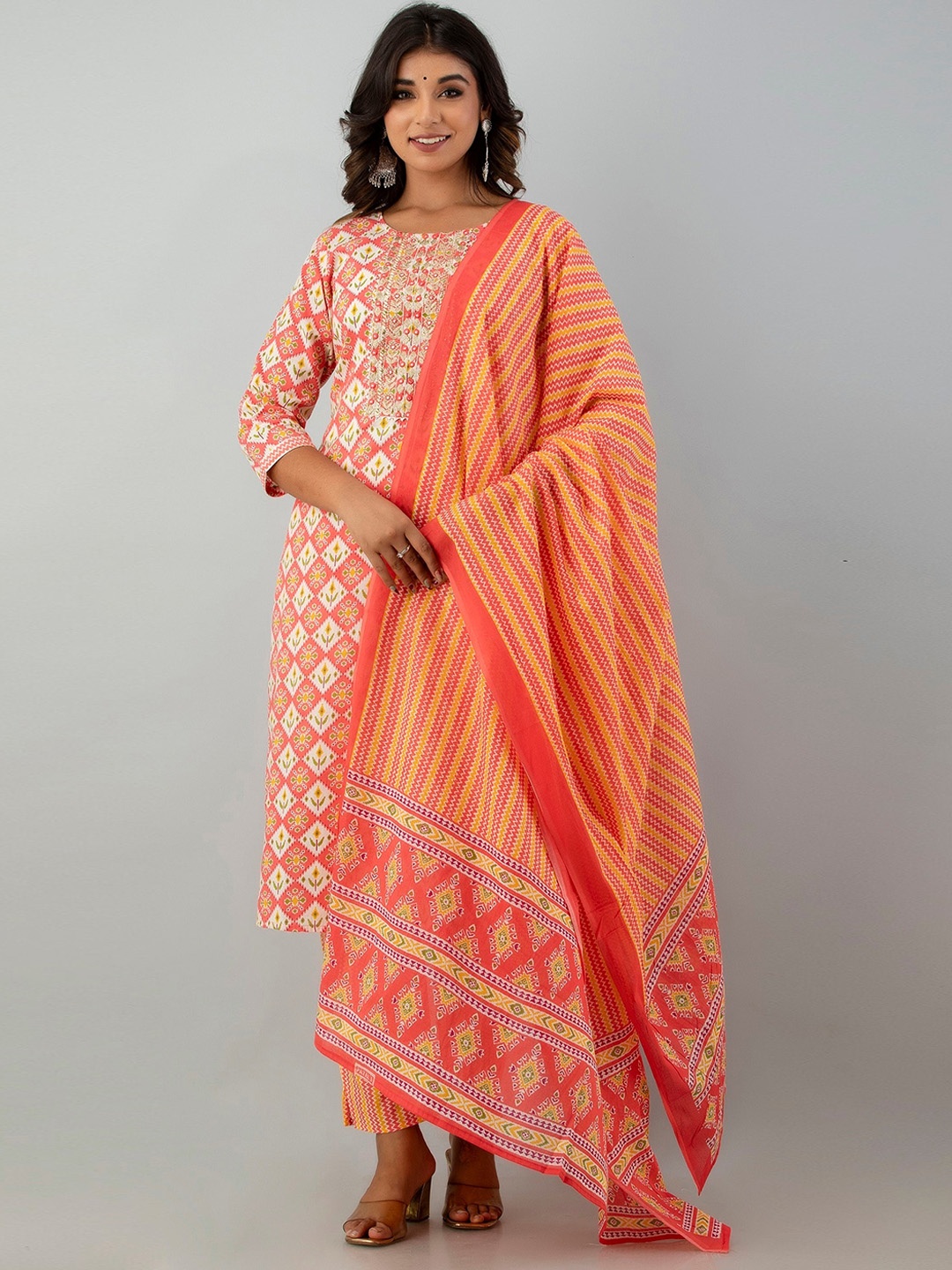 

KASHEEDA Ethnic Motifs Printed Mirror Work Kurta with Trousers & With Dupatta, Orange
