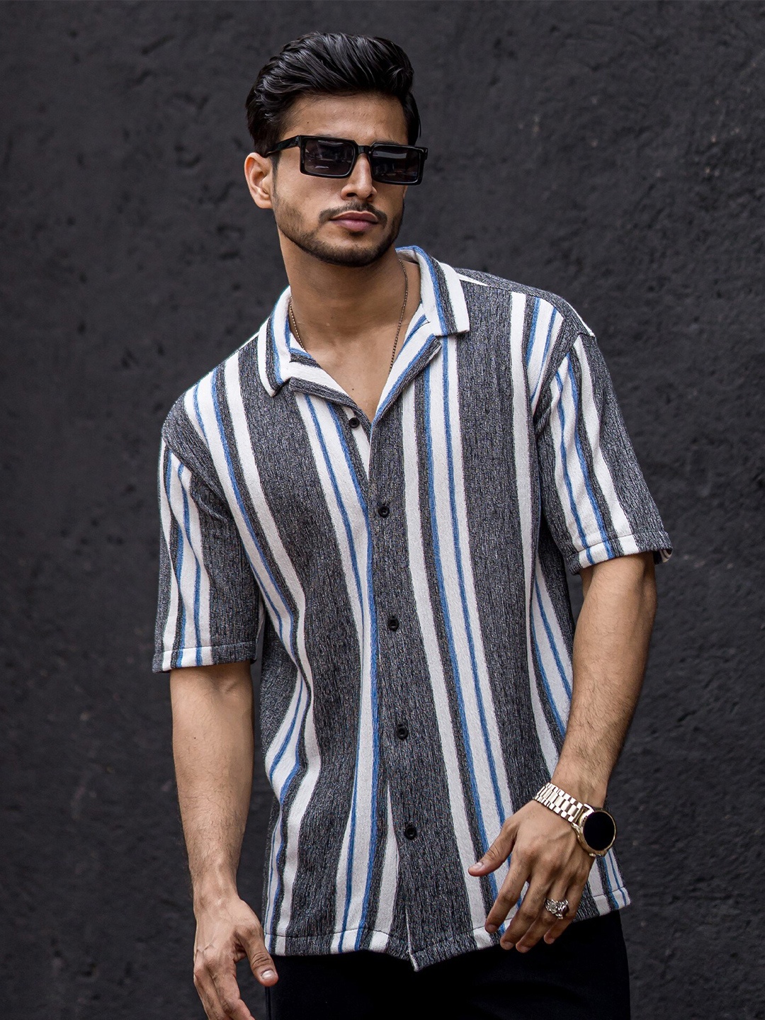 

Maniac Classic Vertical Stripes Cotton Oversized Shirt, Black