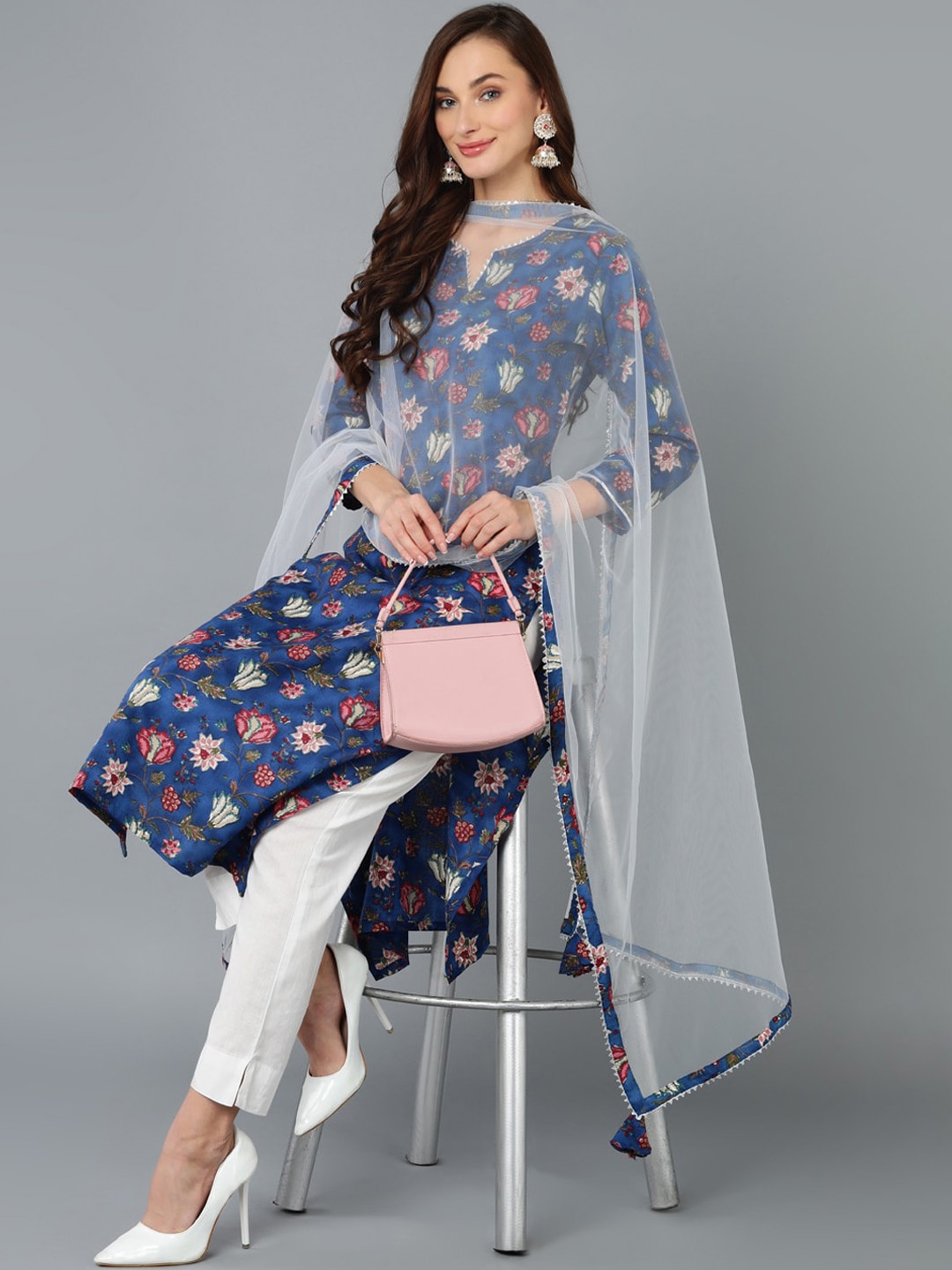 

AHIKA Blue & White Floral Printed Gotta Patti Kurta with Trousers & Dupatta