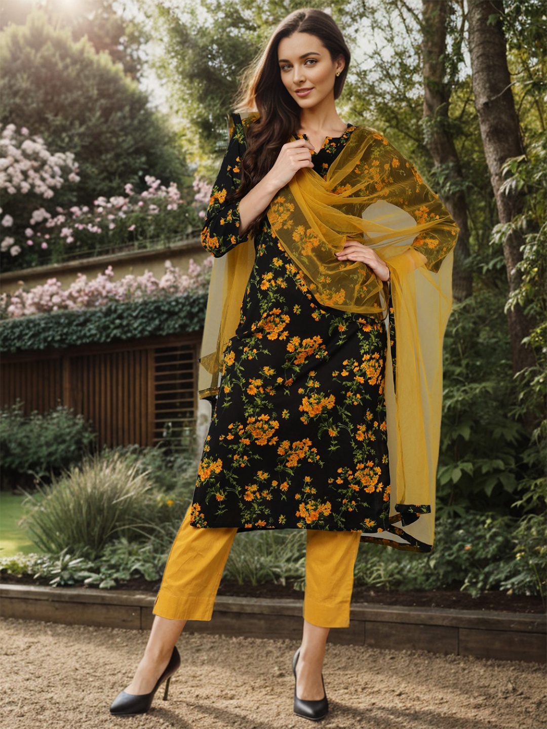 

AHIKA Black Floral Printed Straight Kurta & Trousers With Dupatta