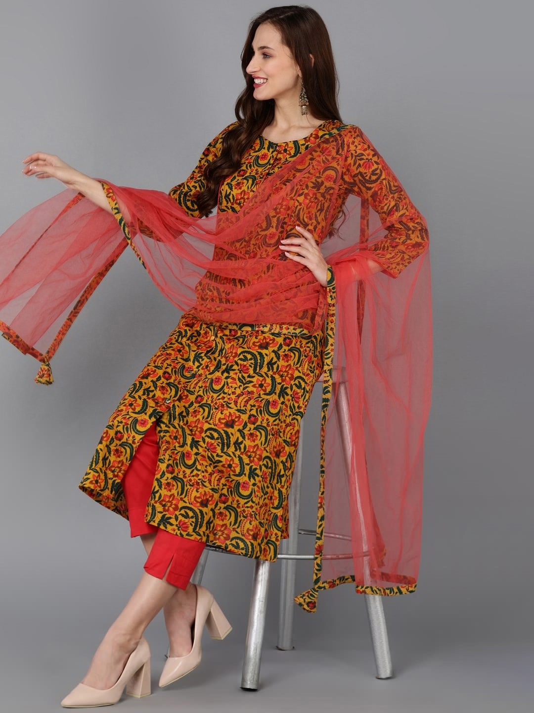 

AHIKA Mustard Yellow Floral Printed Straight Kurta & Trousers With Dupatta