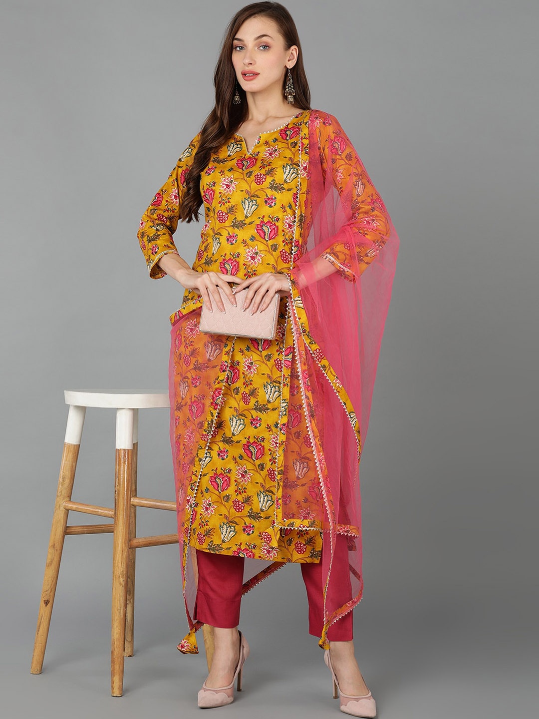 

AHIKA Floral Printed Gotta Patti Kurta With Trousers & Dupatta, Mustard