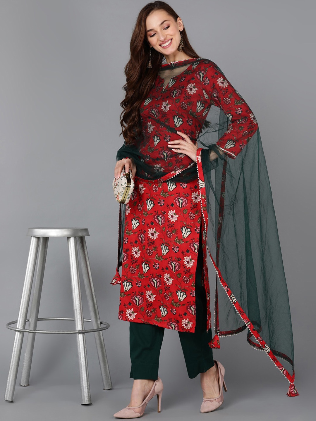 

AHIKA Red Floral Printed Gotta Patti Kurta with Trousers & Dupatta