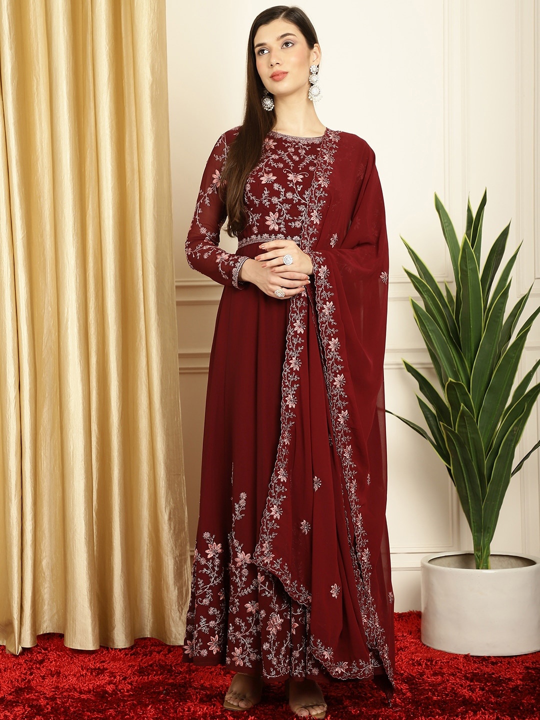 

Stylee LIFESTYLE Floral Embroidered Semi-Stitched Dress Material, Maroon