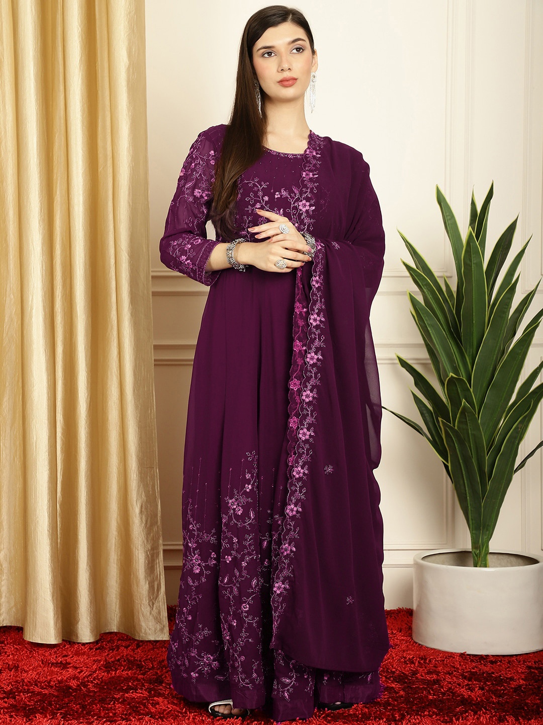 

Stylee LIFESTYLE Floral Embroidered Beads and Stones Semi-Stitched Dress Material, Burgundy