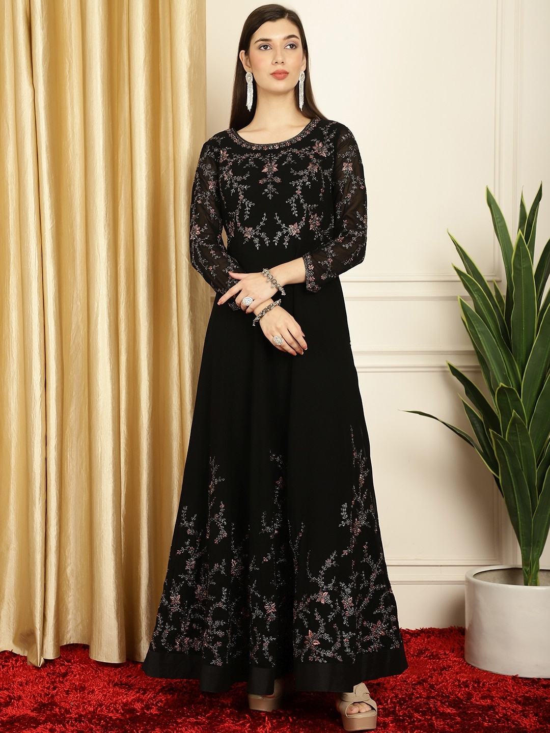 

Stylee LIFESTYLE Floral Embroidered Beads & Stones Semi-Stitched Dress Material, Black