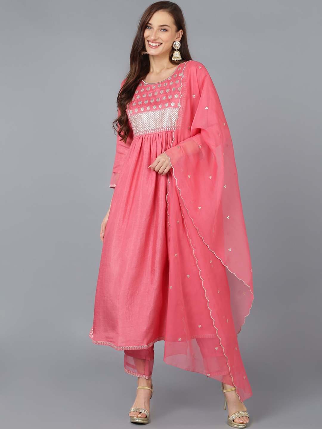 

AHIKA Coral-Coloured Ethnic Motifs Yoke Design A-Line Kurta & Trouser With Dupatta