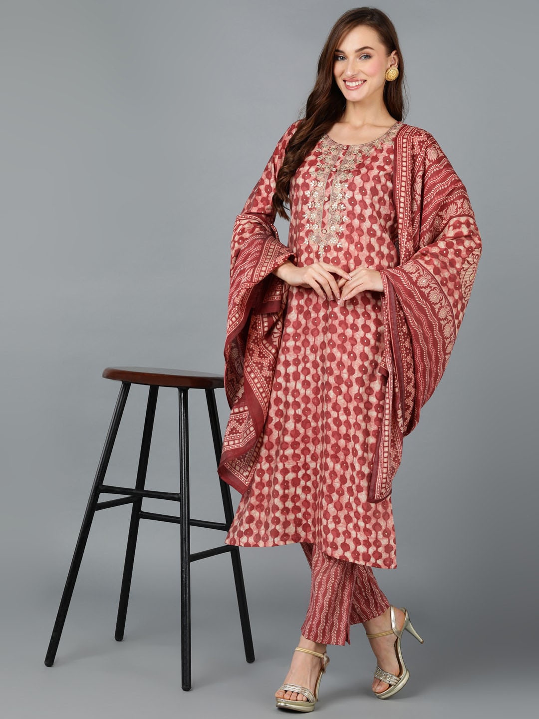 

AHIKA Beige Ethnic Motifs Printed Zari Sequinned Kurta with Trousers & Dupatta