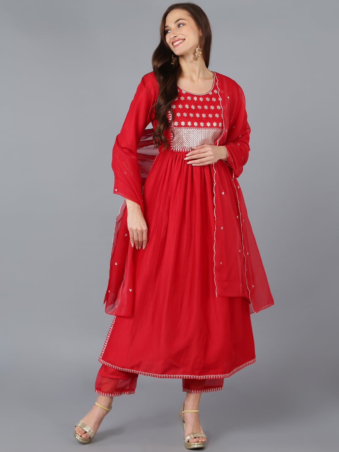 

AHIKA Ethnic Motifs Yoke Design Sequinned A-line Kurta With Trousers & Dupatta, Red