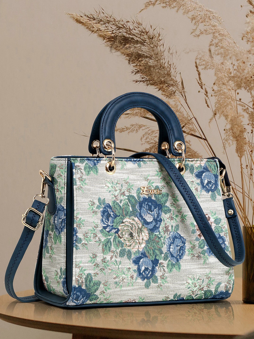 

Exotic Floral Printed Structured Handheld Bag, Blue
