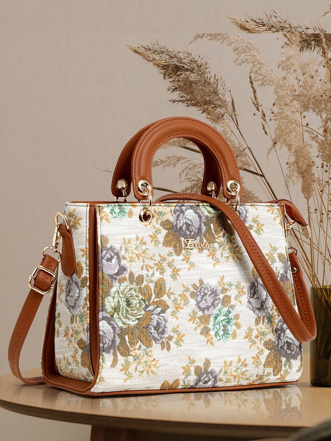 

Exotic Floral Printed Bucket Handheld Bag, Tan