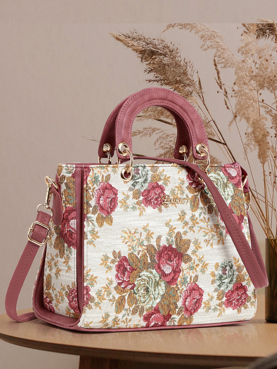 

Exotic Floral Printed Structured Handheld Bag, Peach