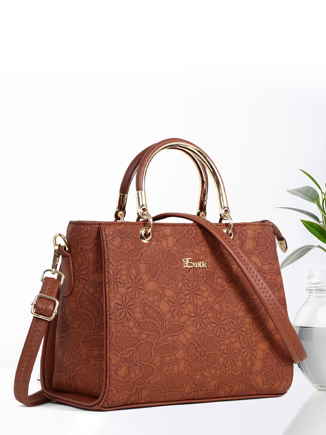 

Exotic Floral Self Design Handheld Bag, Tan