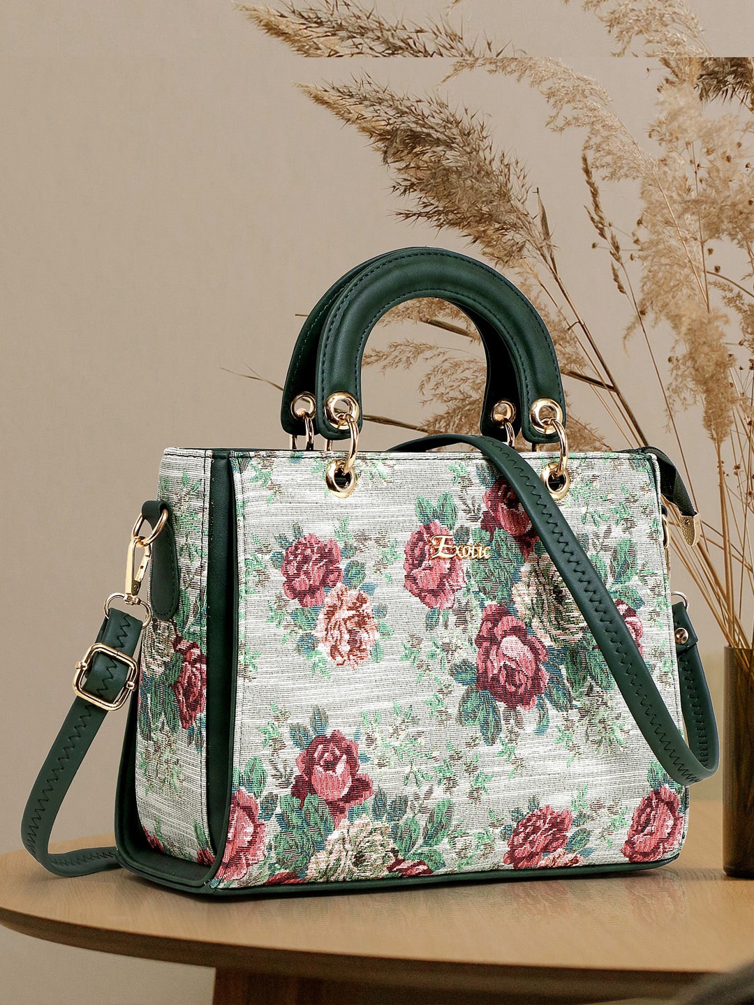 

Exotic Floral Printed Structured Handheld Bag, Green