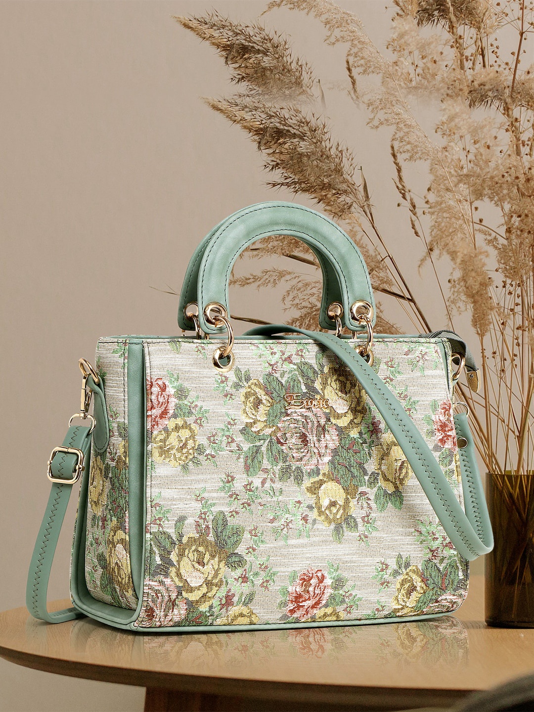 

Exotic Floral Printed Structured Handheld Bag, Sea green