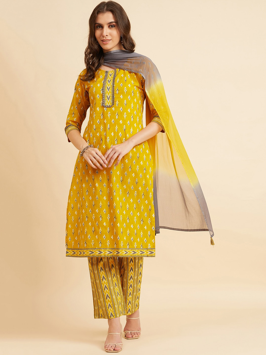 

Azira Ethnic Motifs Printed Regular Pure Cotton Kurta With Trousers & Dupatta, Yellow