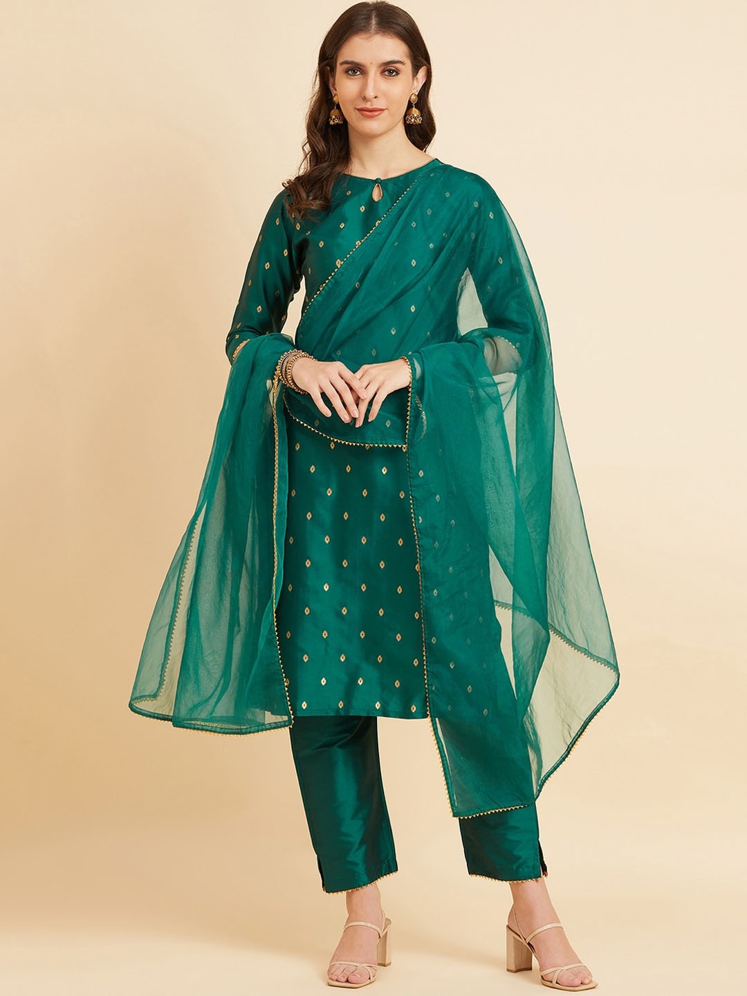 

Azira Ethnic Motifs Regular Gotta Patti Straight Kurta With Palazzos & Dupatta, Green