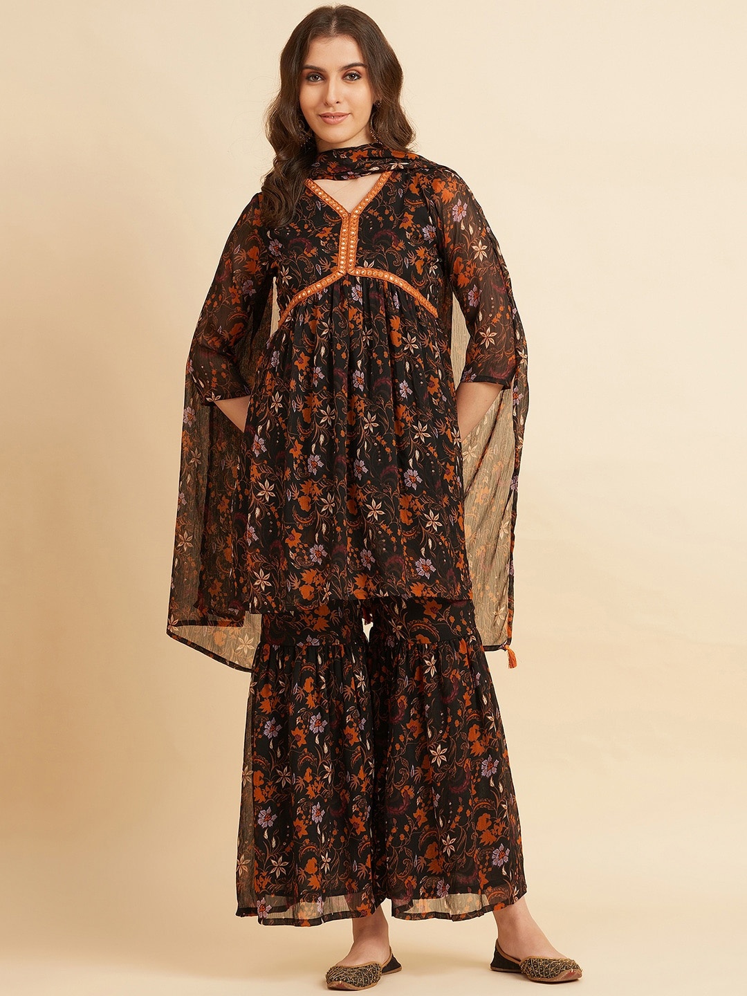 

Azira Floral Printed Empire Mirror Work A-Line Kurta With Sharara & Dupatta, Black