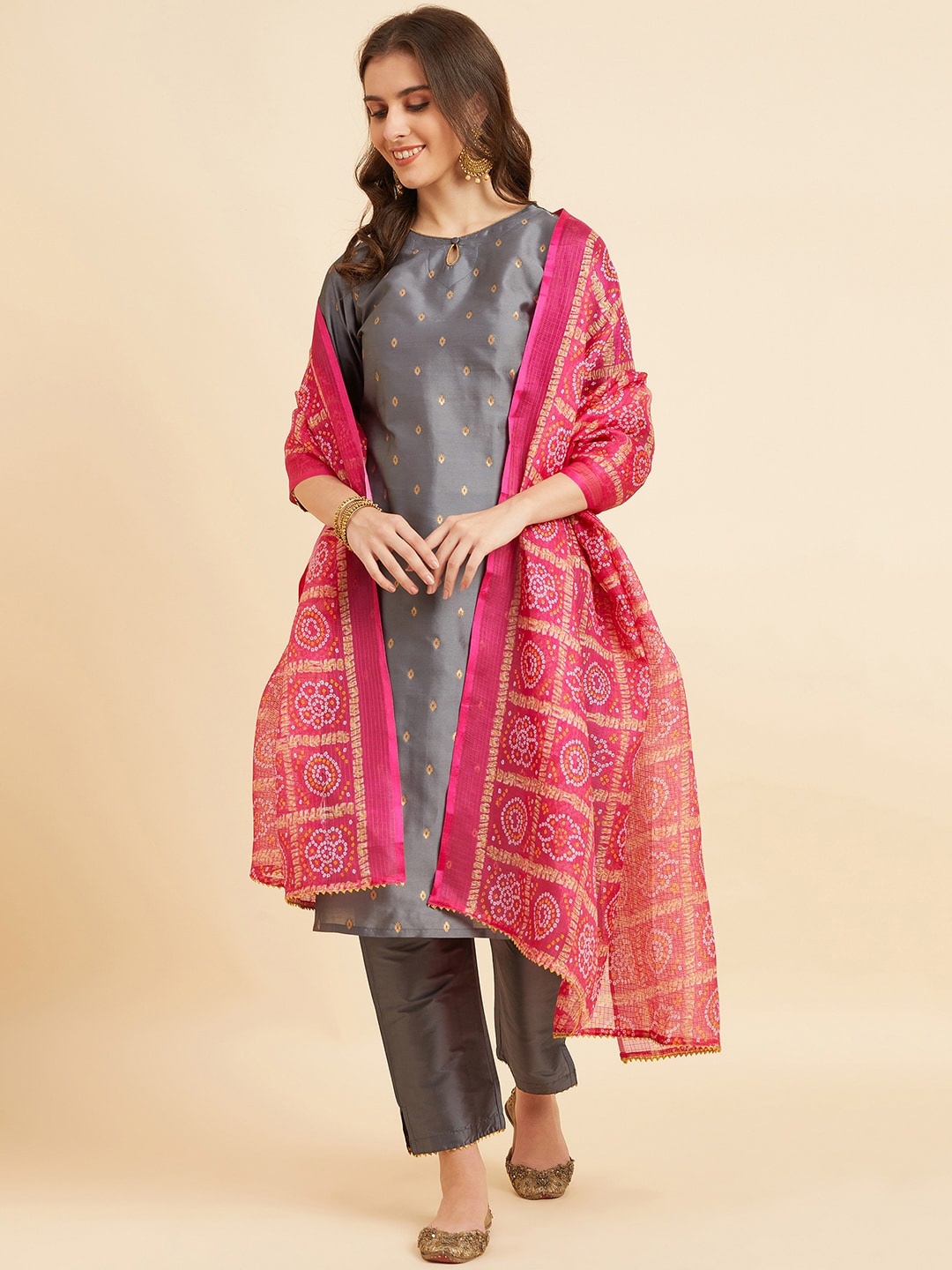 

Azira Ethnic Motifs Woven Design Regular Kurta With Palazzos & Dupatta, Grey