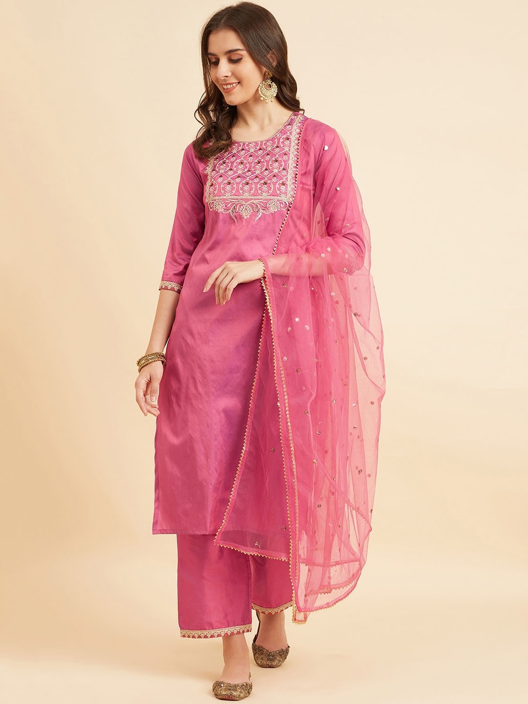 

Azira Ethnic Motifs Embroidered Sequinned Straight Kurta With Palazzos & Dupatta, Pink