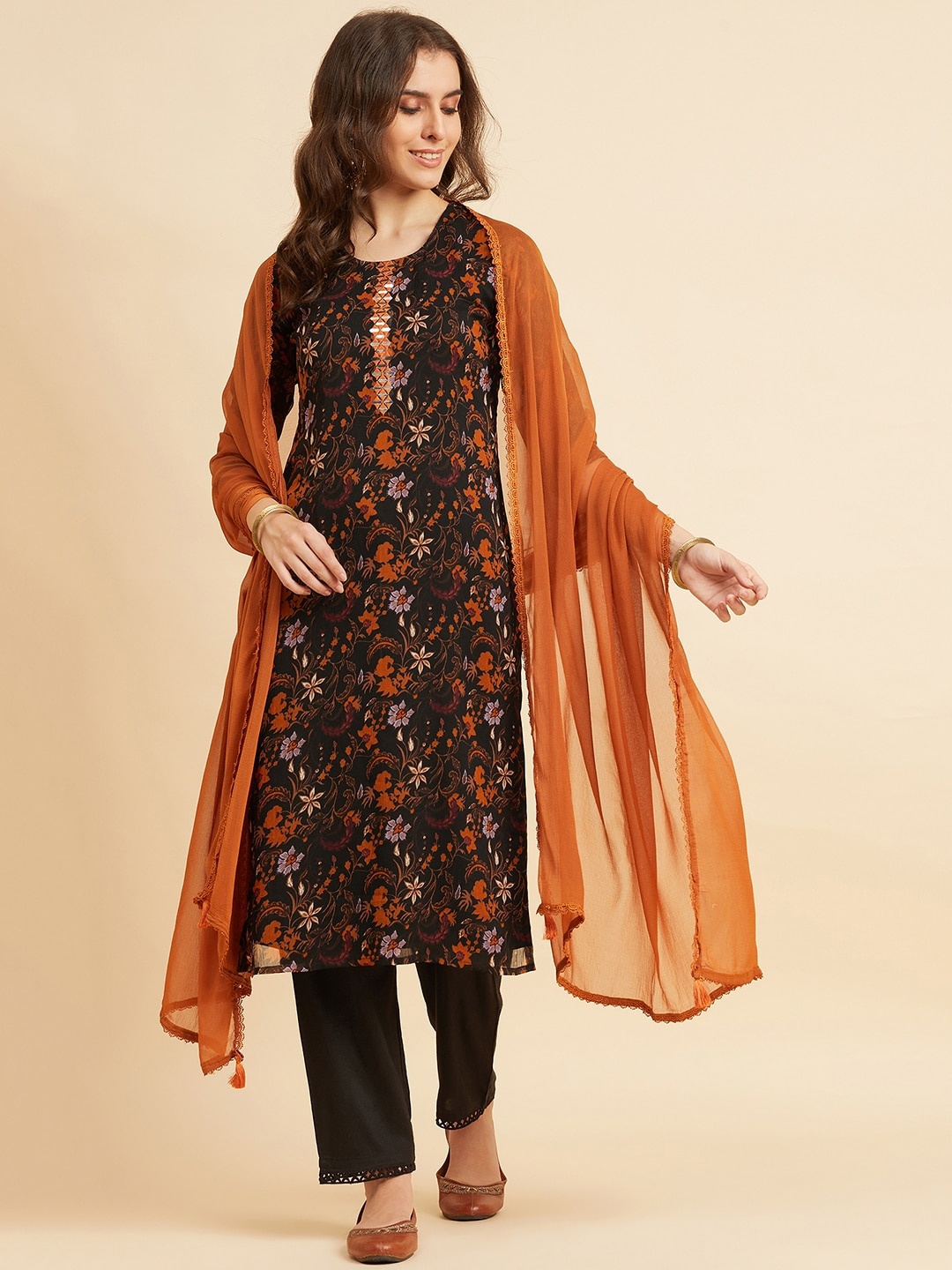 Azira Floral Printed Mirror Work Kurta With Trousers & Dupatta, Black
