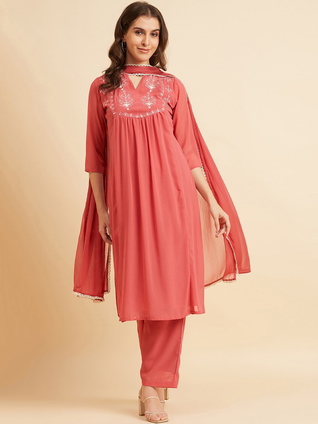

Azira Floral Embroidered Thread Work A-line Kurta With Trousers & Dupatta, Pink
