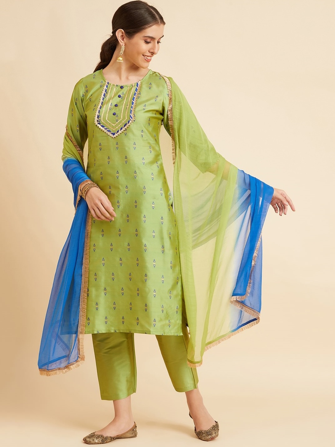 

Azira Woven Design Gotta Patti Kurta With Trousers & Dupatta, Lime green