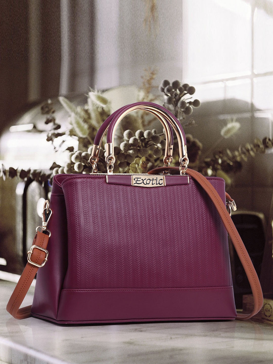

Exotic Floral Textured Structured Handheld Bag, Purple