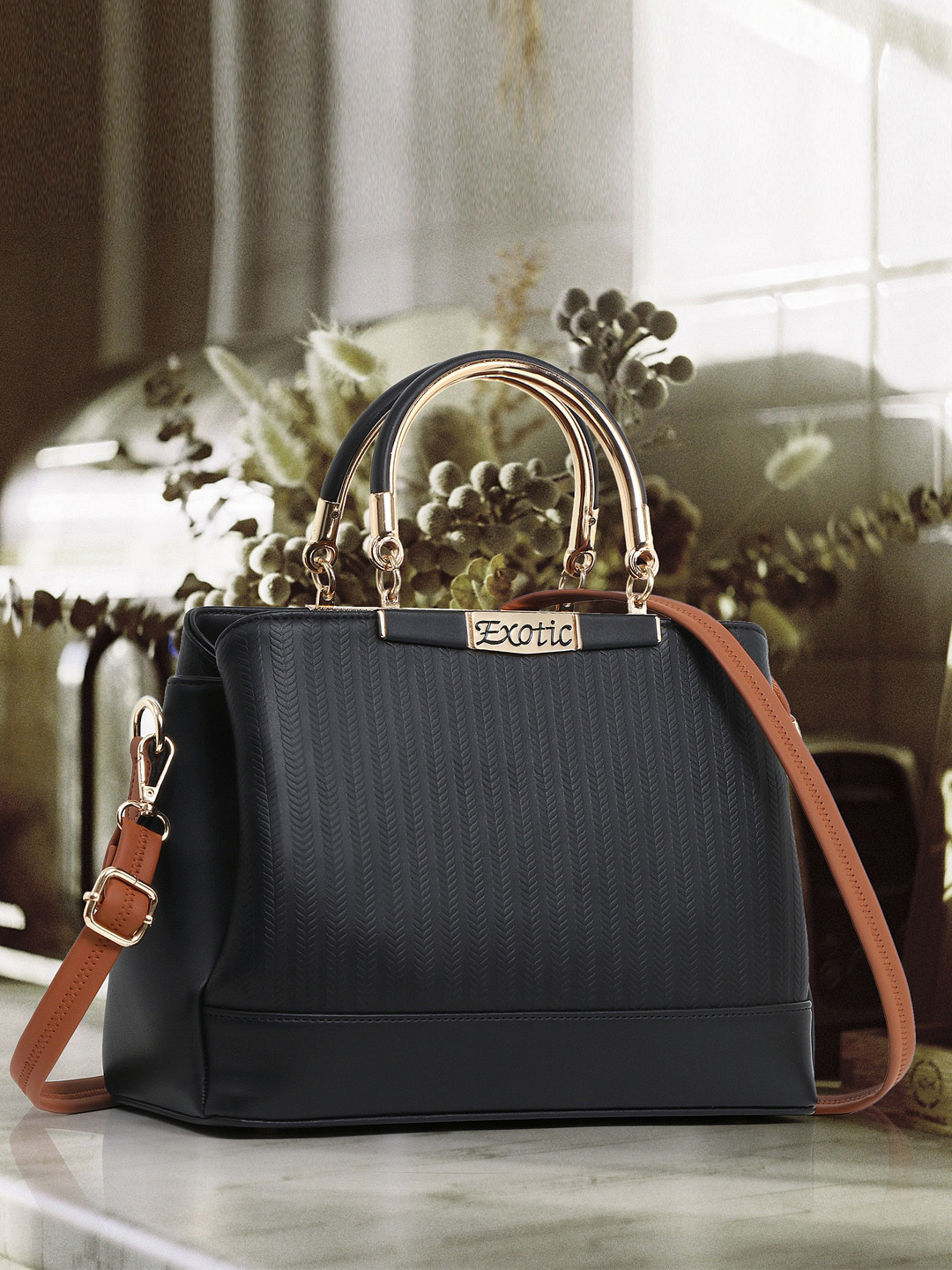 

Exotic Floral Textured Structured Handheld Bag, Black