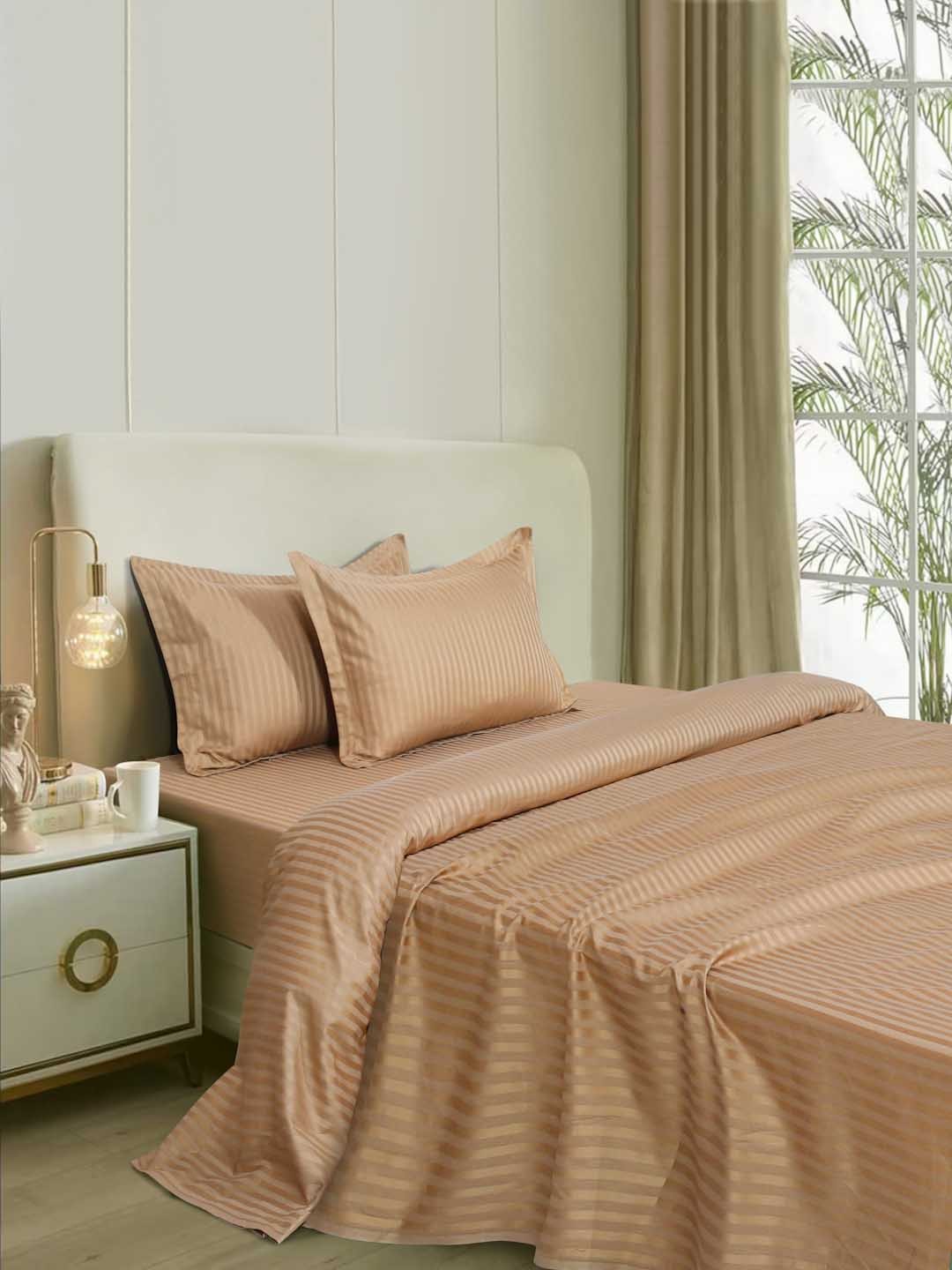 

Naksh Taupe Striped Cotton 300 TC Super King Bedsheet With 2 Pillow Covers