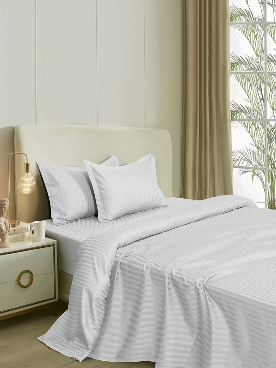 

Naksh White Striped Pure Cotton 300 TC King Fitted Bedsheet with 2 Pillow Covers