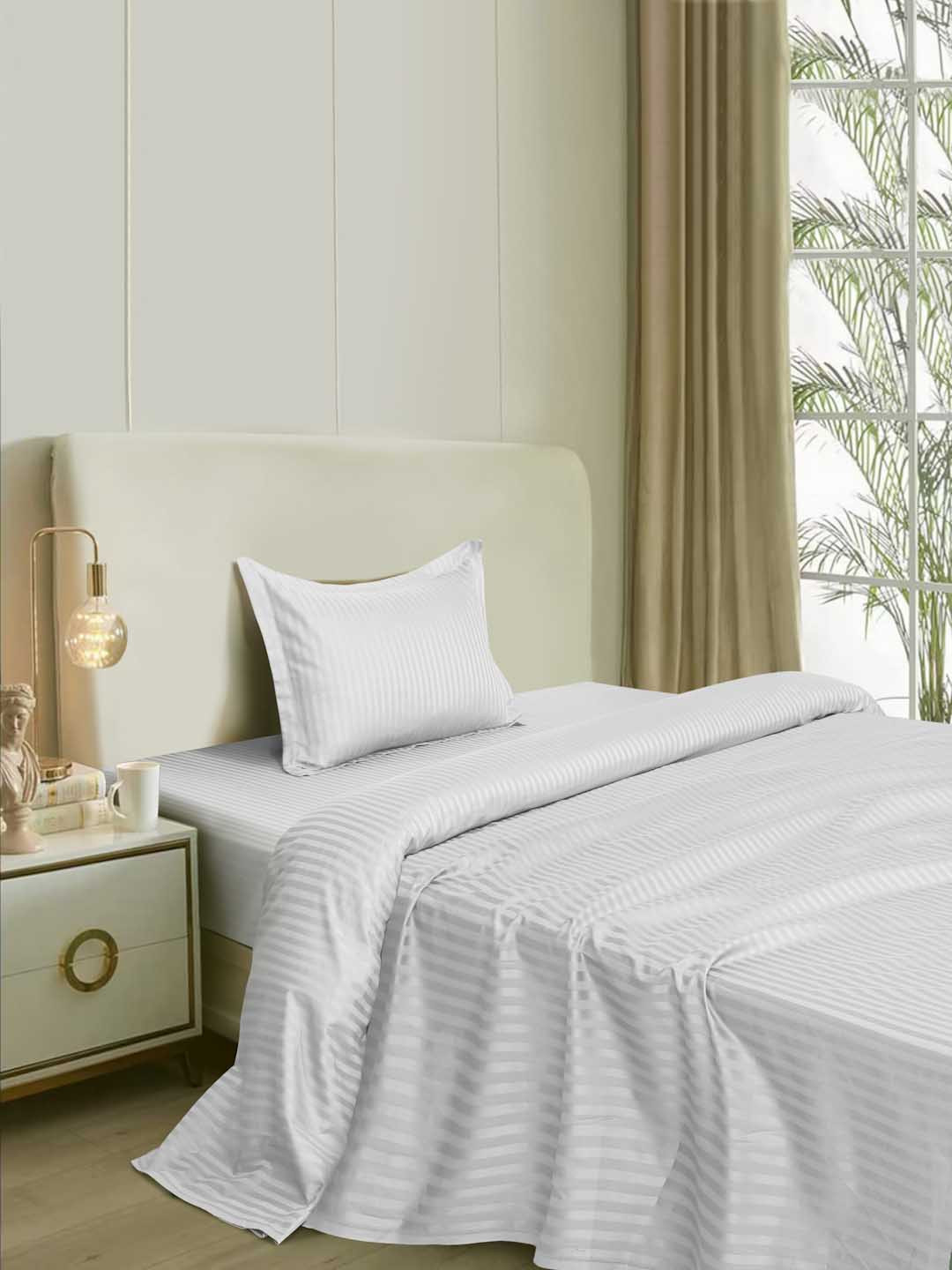 

Naksh White Striped Cotton 300 TC Single Bedsheet With 1 Pillow Cover