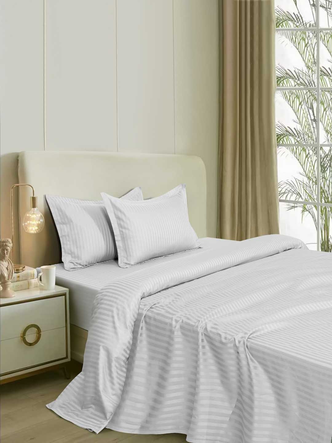 

Naksh White Striped Cotton Fitted 300 TC King Bedsheet With 2 Pillow Covers