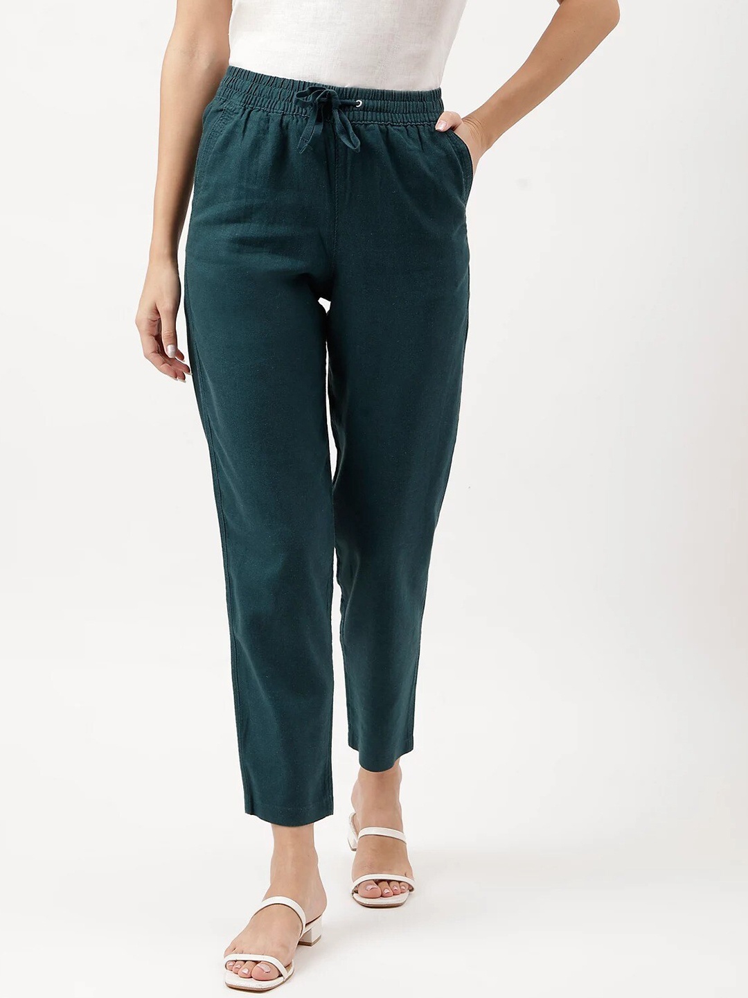 

Marks & Spencer Women Regular Fit High-Rise Trousers, Green