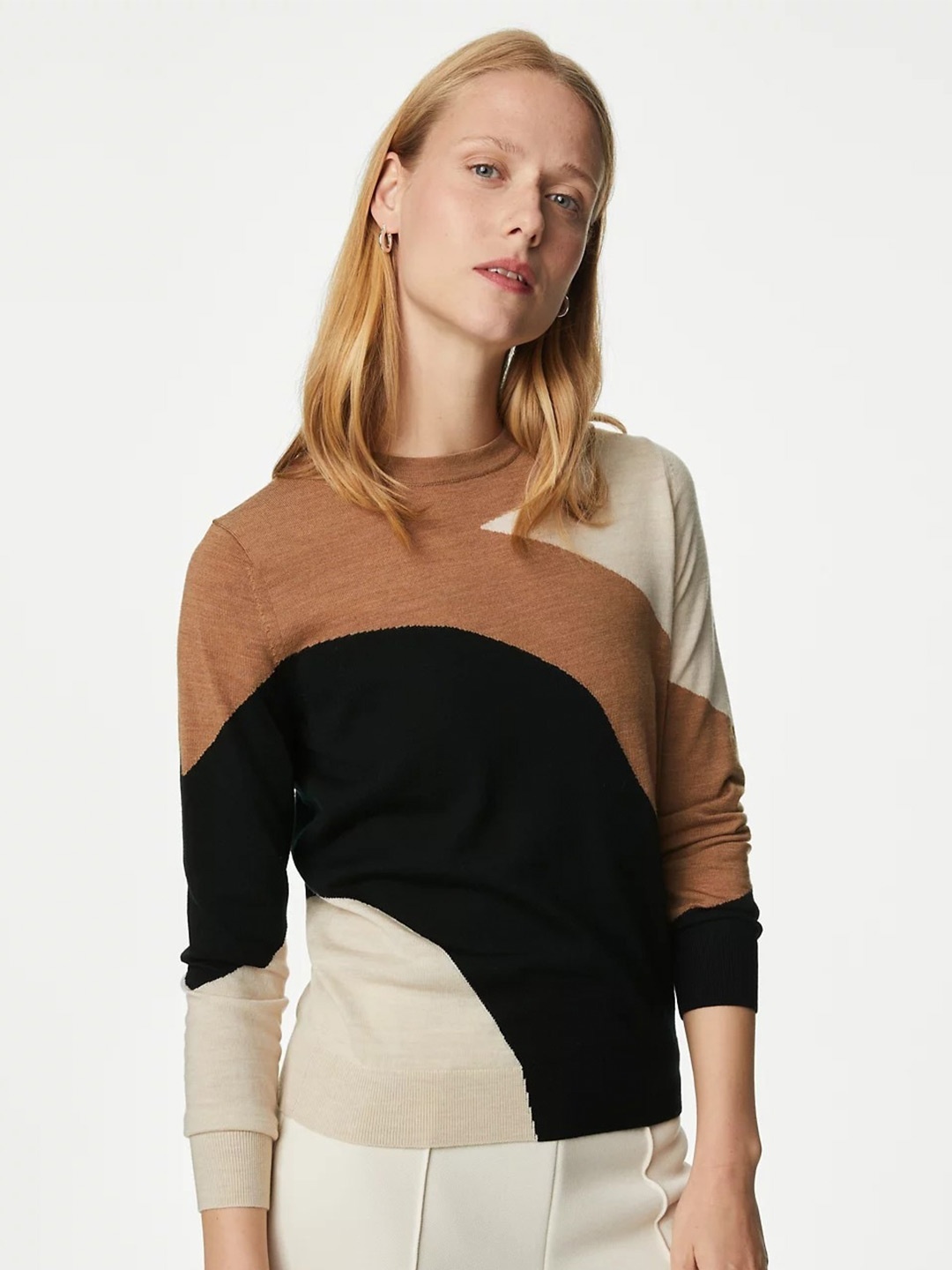 

Marks & Spencer Colourblocked Woollen Pullover, Brown