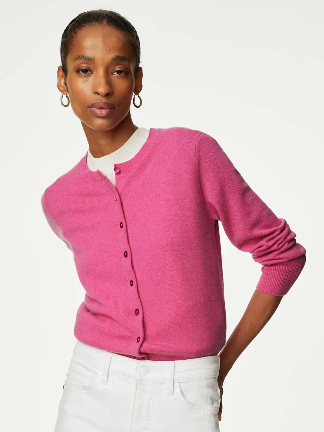 

Marks & Spencer Round Neck Woollen Cardigan, Pink