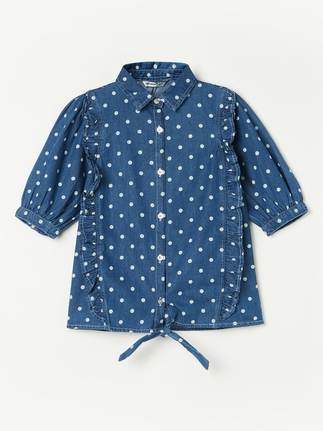 

Fame Forever by Lifestyle Blue Polka Dot Print Puff Sleeve Cotton Shirt Style Top