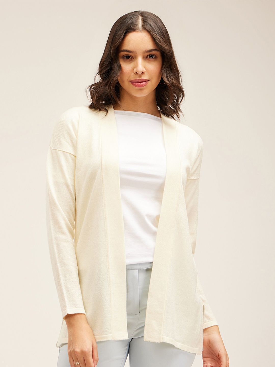 

FableStreet Shawl Collar Acrylic Longline Front-Open Sweater, Off white
