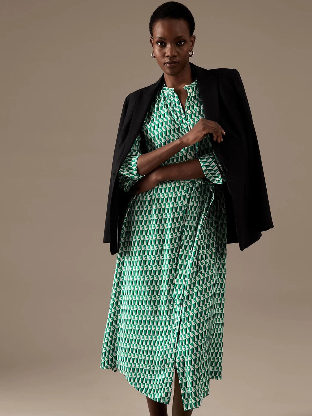 

Marks & Spencer Abstract Printed Belted Shirt Midi Dress, Green