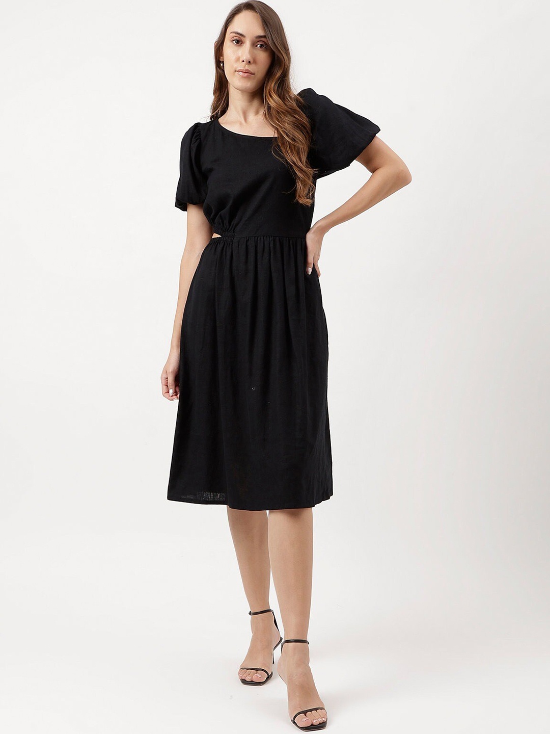 

Marks & Spencer Asymmetric Neck Puff Sleeves Cut-Out Detail Gathered Fit & Flare Dress, Black