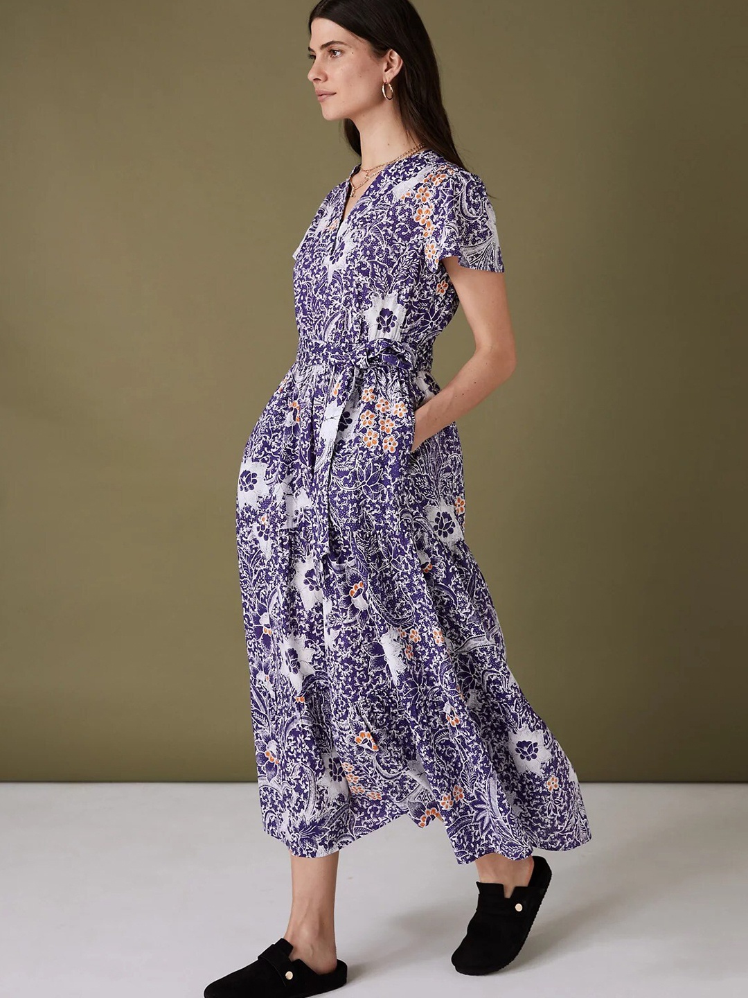 

Marks & Spencer Floral Printed V-Neck Flared Sleeves Belted Midi Cotton A-Line Dress, Purple