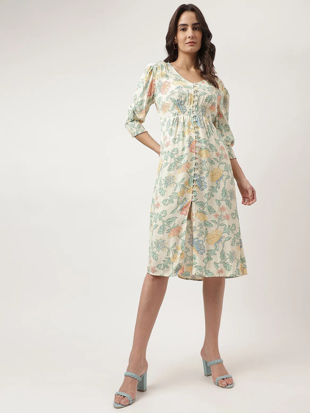 

Marks & Spencer Floral Printed V-Neck Smocked A-Line Dress, Off white