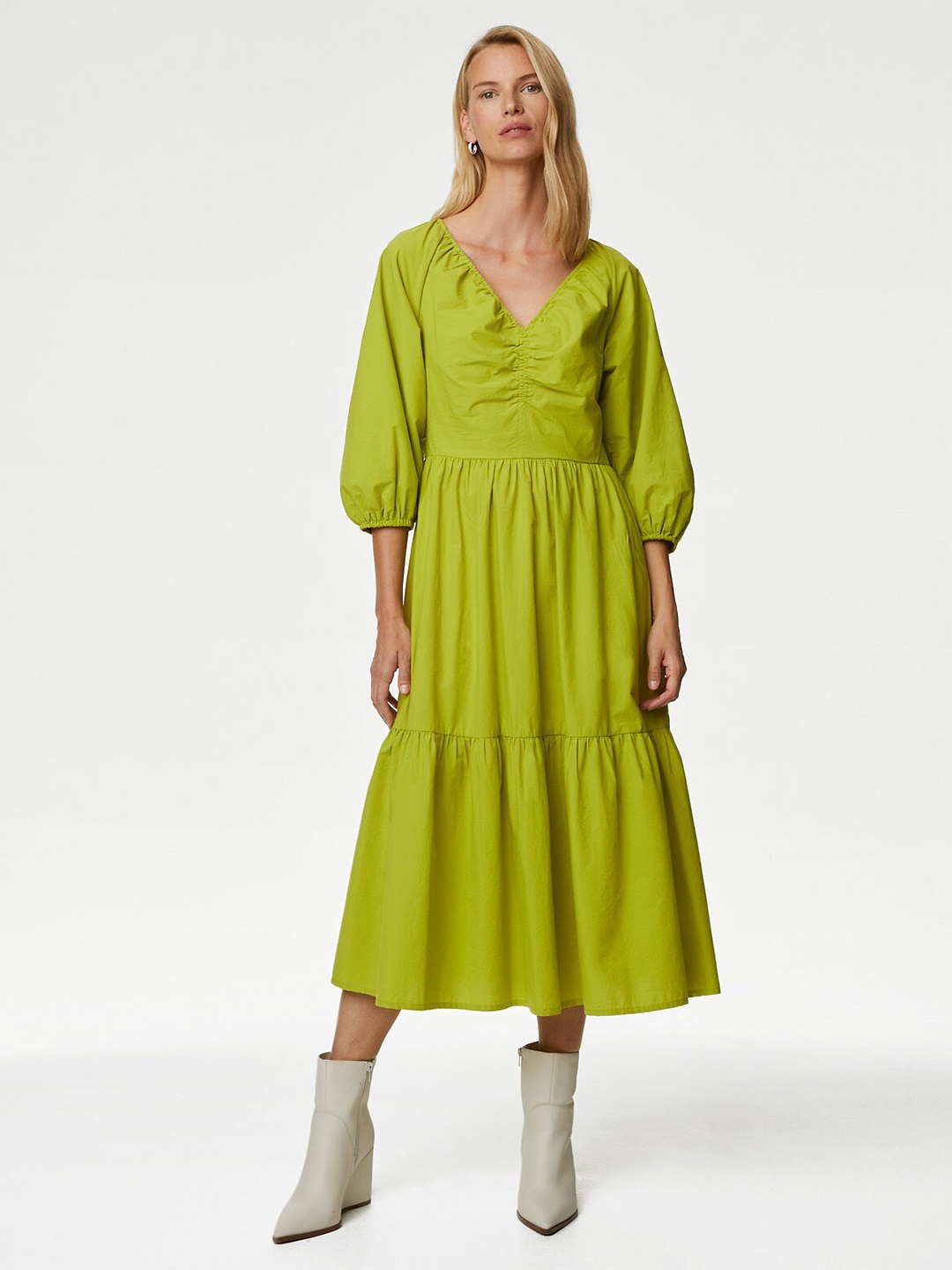 

Marks & Spencer Puff Sleeves V-Neck Tiered Pure Cotton Fit & Flare Midi Dress, Lime green