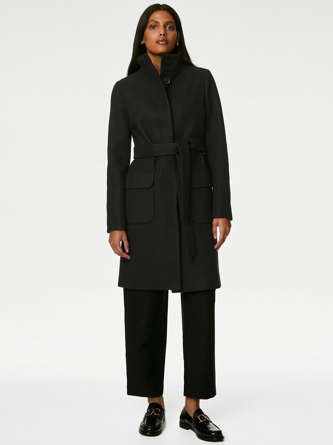 

Marks & Spencer Belted Mock Collar Single-Breasted Overcoat, Black