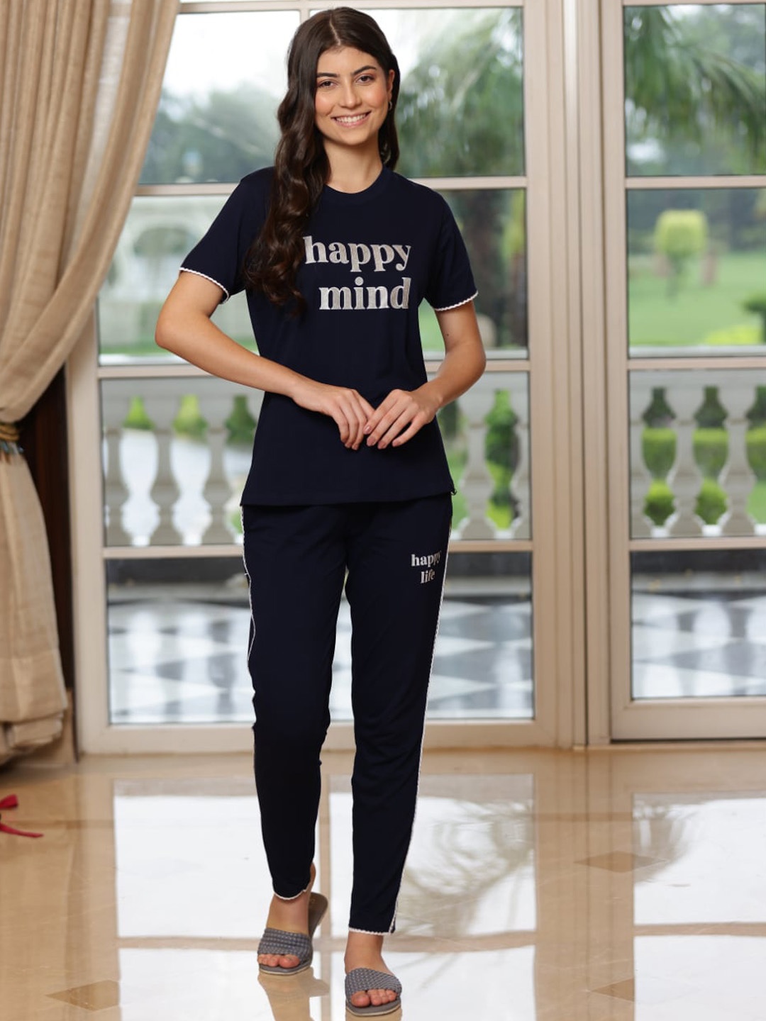 

TITTLI Typography Printed Pure Cotton T-shirt with Lounge Pants, Navy blue